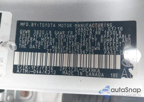 2016 Toyota Corolla Le из США, поврежденный, VIN 2T1BURHE4GC598725